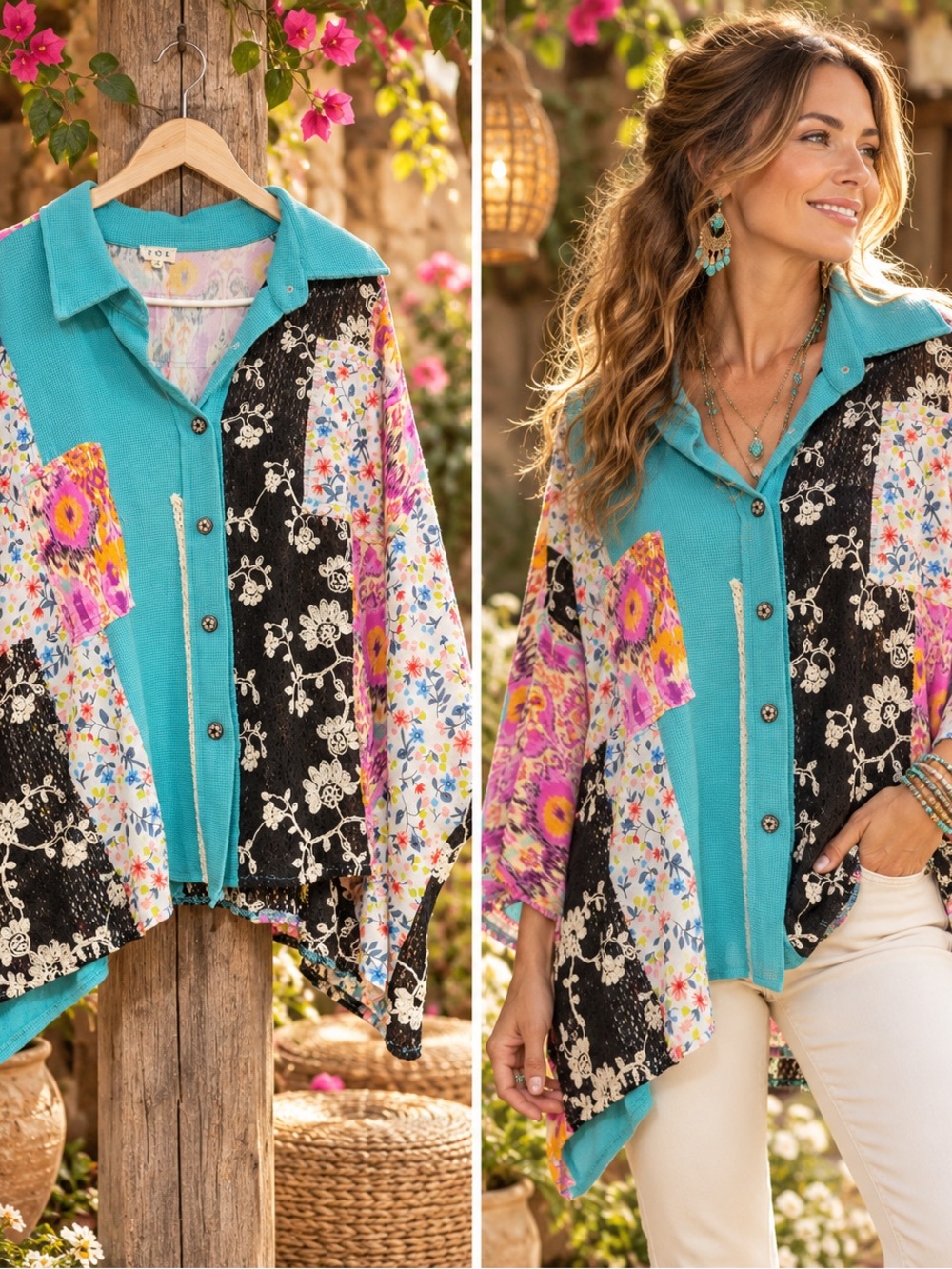POL Boho Patchwork Button-Up Top in Teal and Multicolor